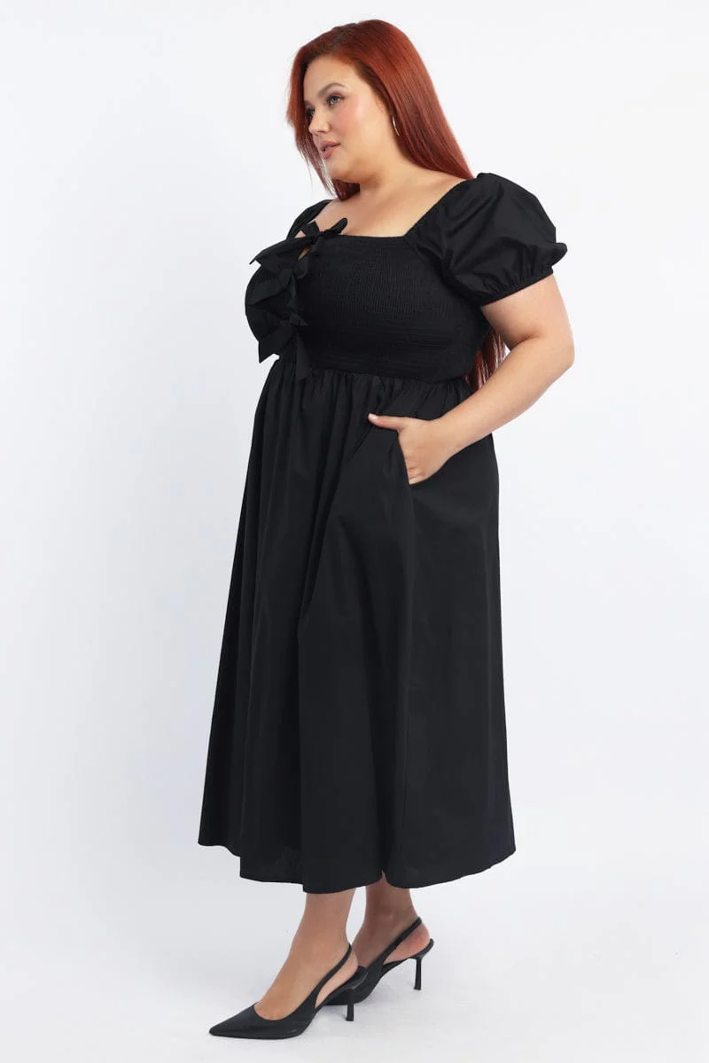 Black Midi Dress Short Sleeve Shirred Body Ribbon Front - Image 3