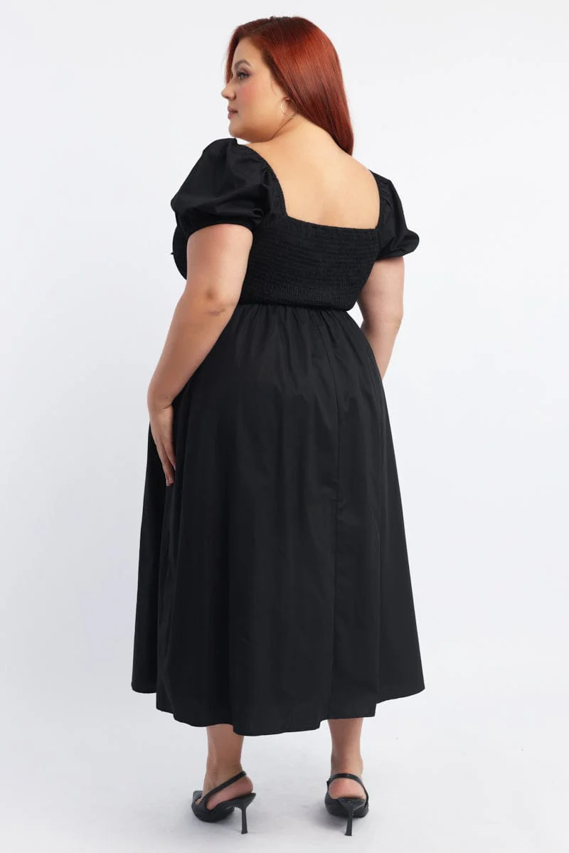 Black Midi Dress Short Sleeve Shirred Body Ribbon Front - Image 4