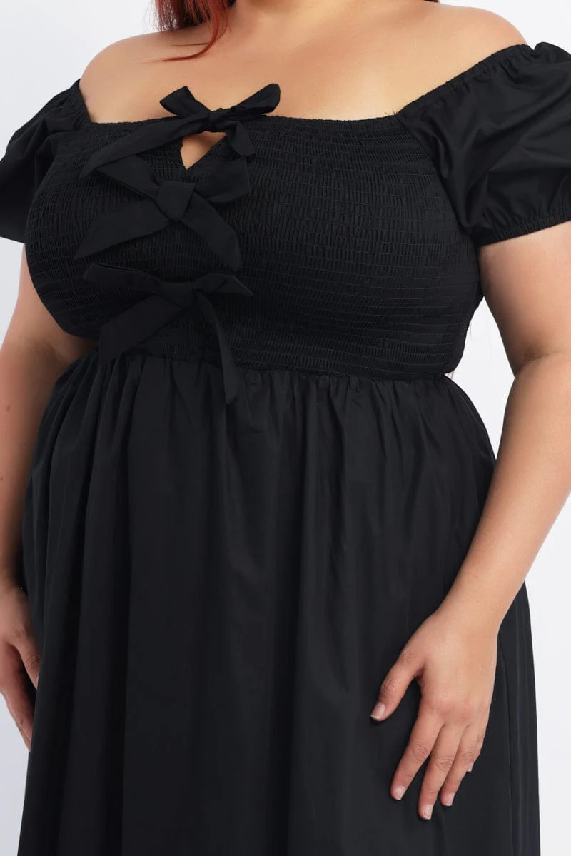 Black Midi Dress Short Sleeve Shirred Body Ribbon Front - Image 5