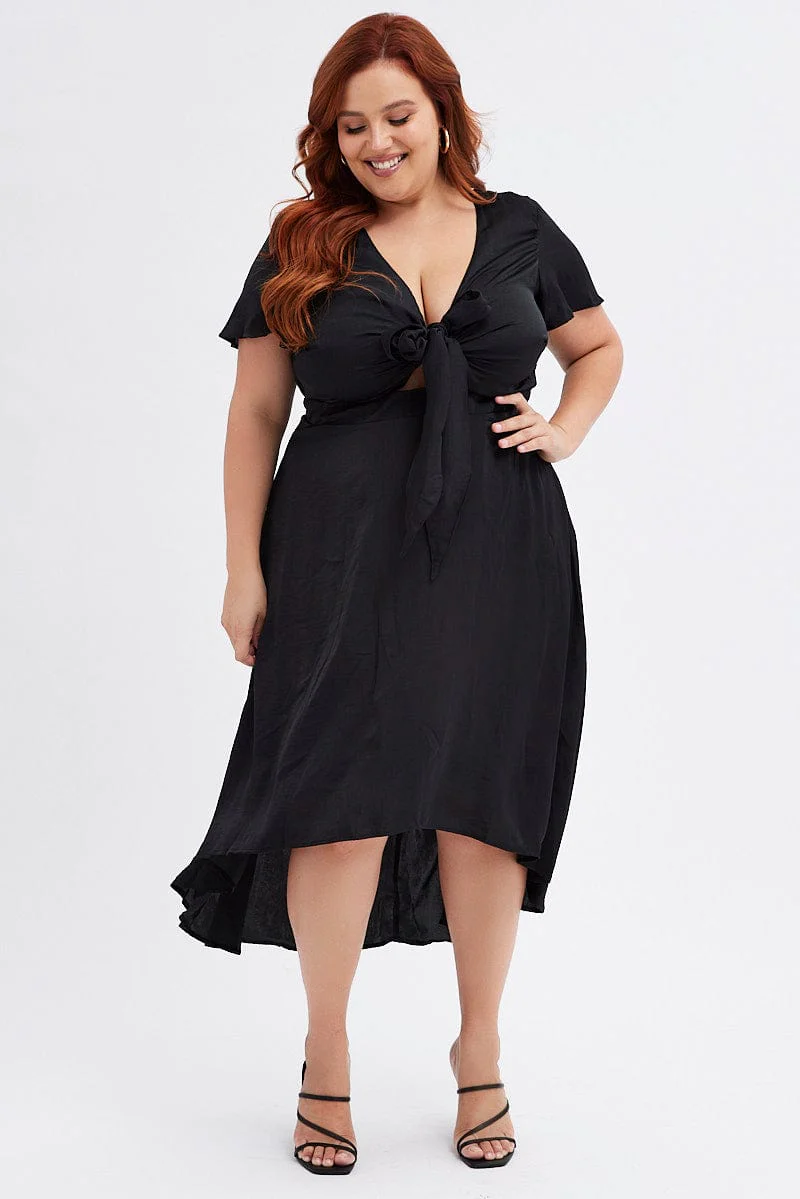 Black Midi Dress Short Sleeve Tie Back Satin - Image 3