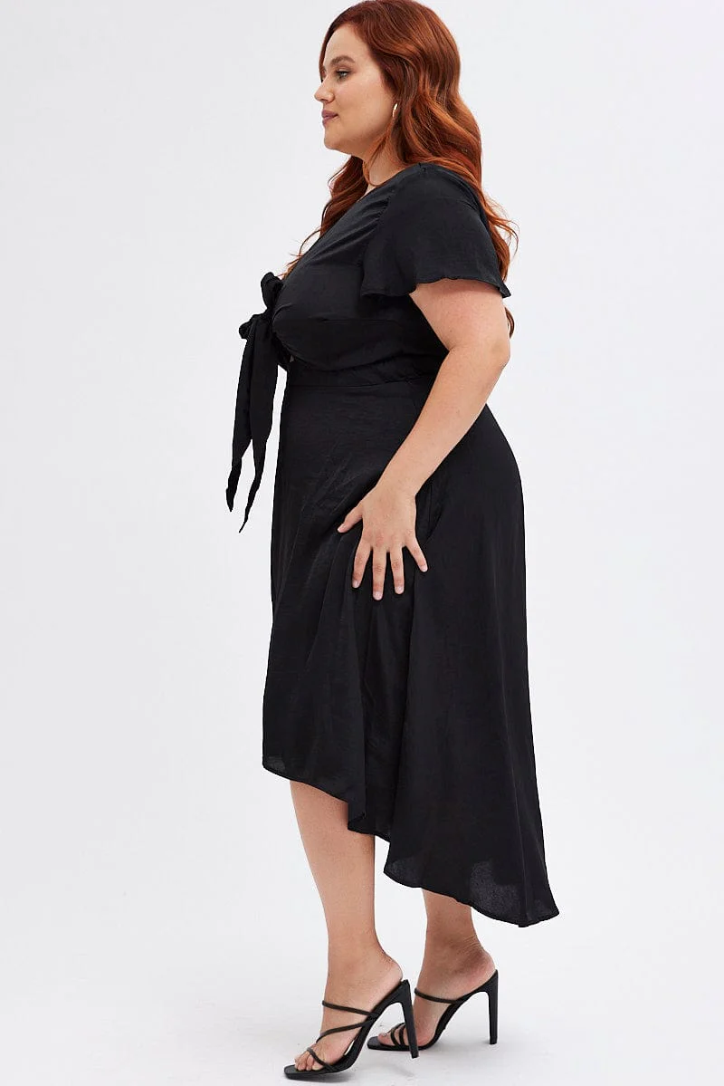 Black Midi Dress Short Sleeve Tie Back Satin - Image 4