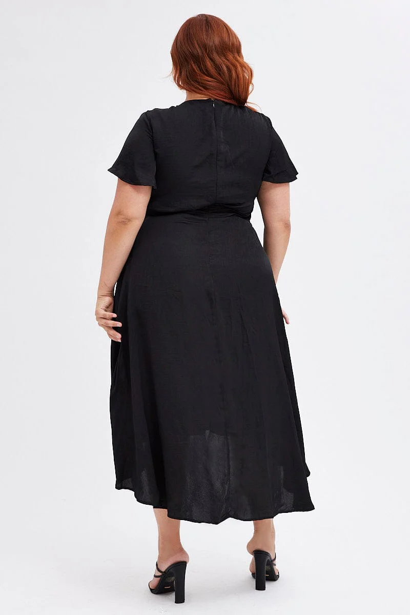 Black Midi Dress Short Sleeve Tie Back Satin - Image 5