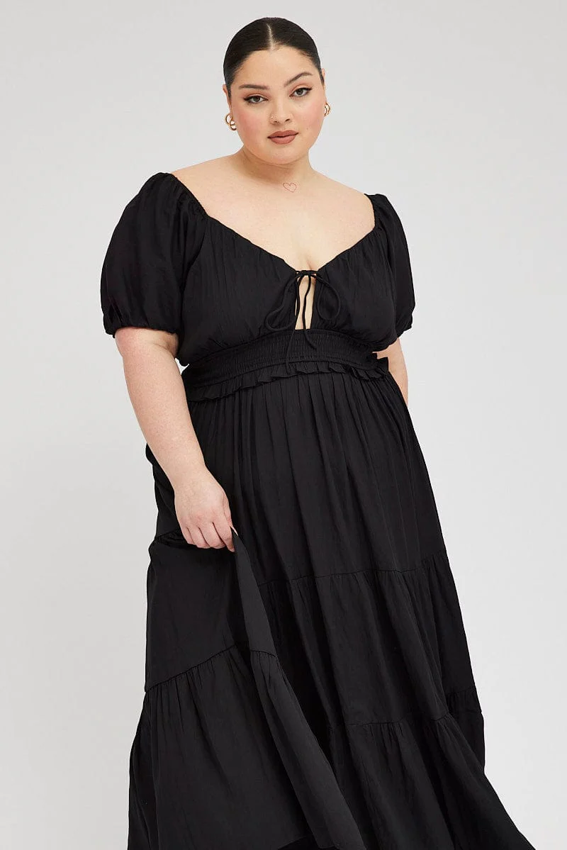 Black Midi Dress Short Sleeve Tiered Cut Out - Image 2
