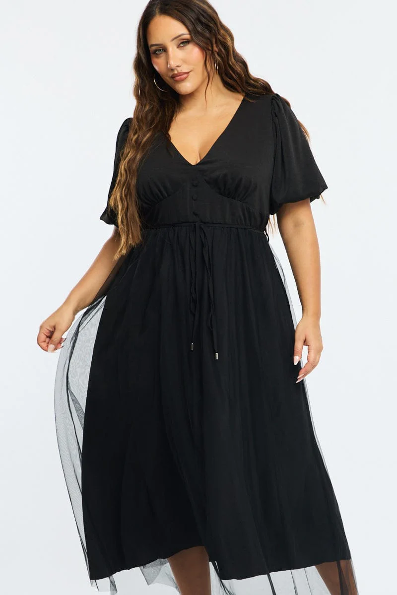 Black Midi Dress Short Sleeve Tulle - Image 2
