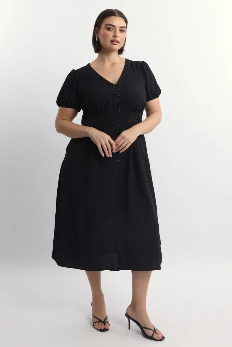 Black Midi Dress Short Sleeve V-Neck Textured