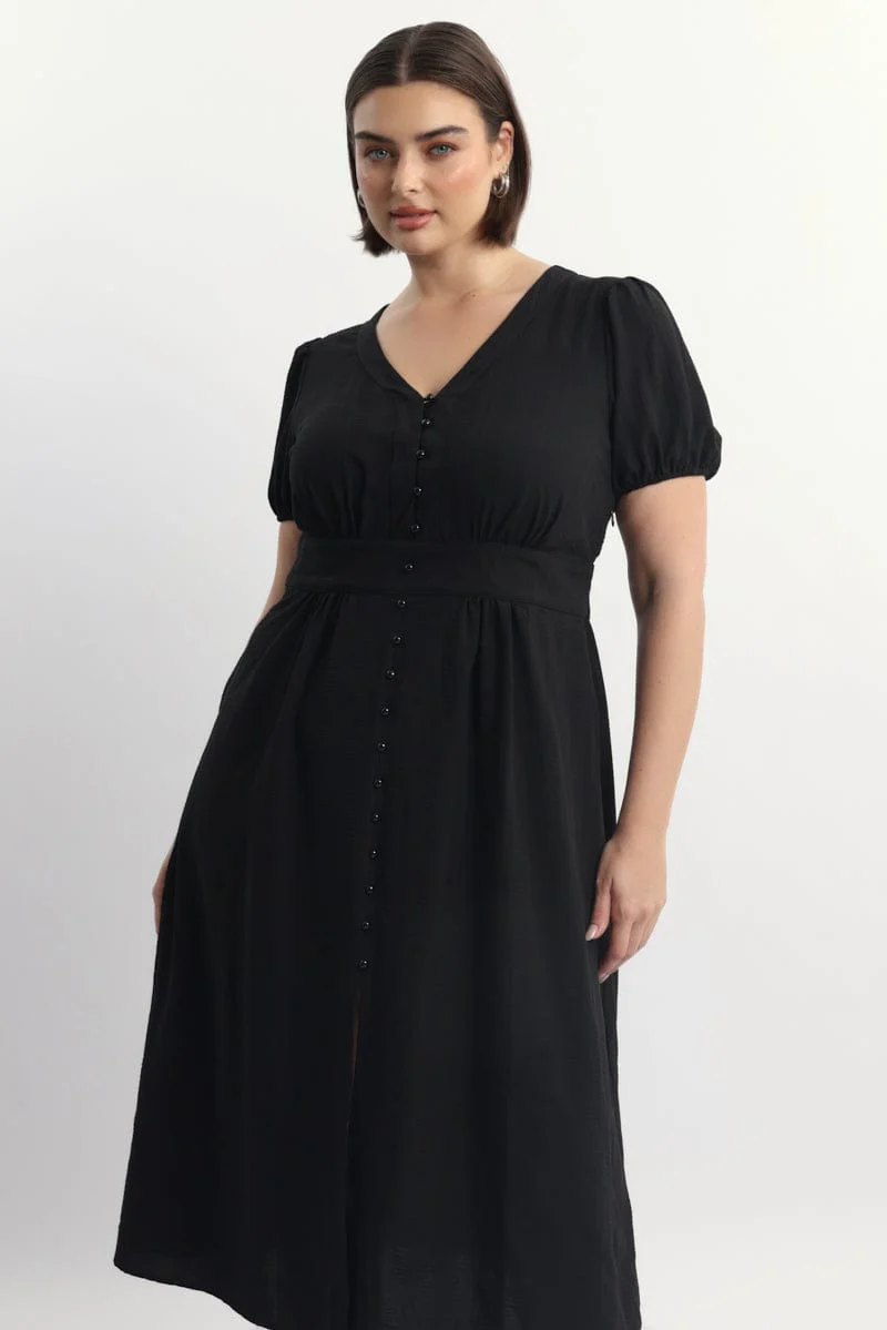 Black Midi Dress Short Sleeve V-Neck Textured - Image 2