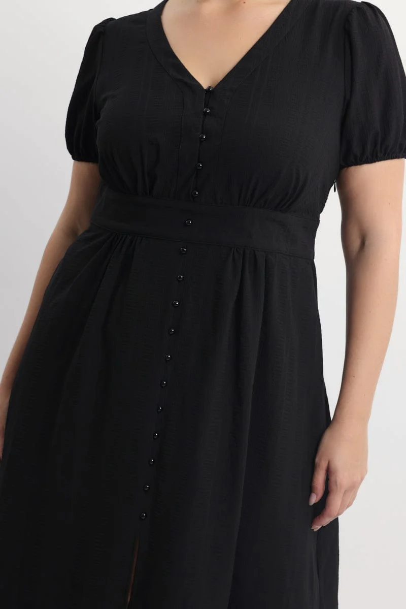 Black Midi Dress Short Sleeve V-Neck Textured - Image 5