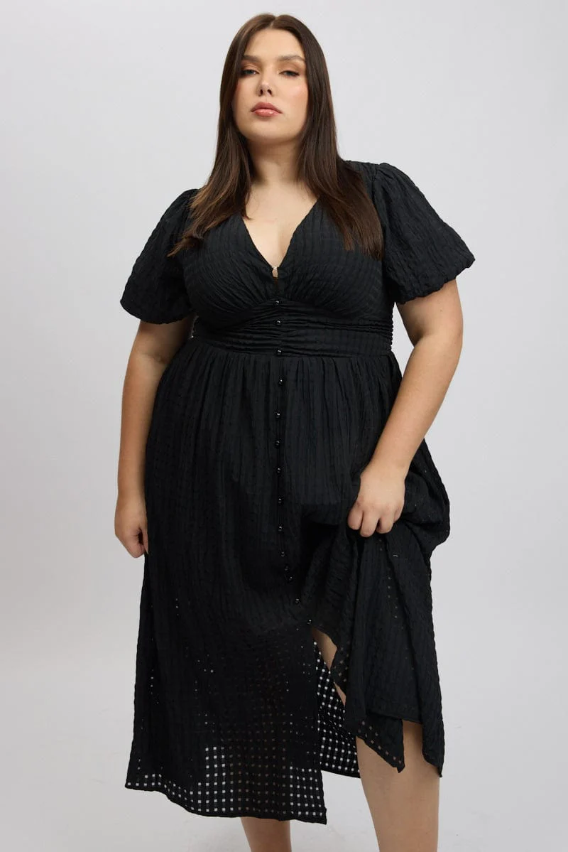 Black Midi Dress Short Sleeve V-Neck Window Check - Image 3