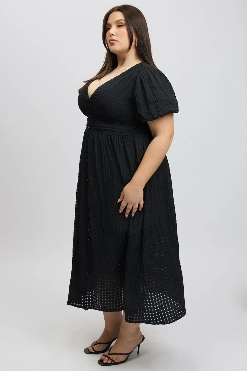 Black Midi Dress Short Sleeve V-Neck Window Check - Image 4