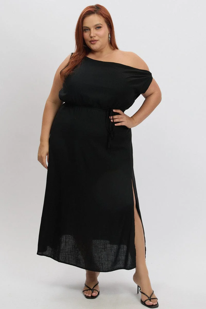 Black Midi Dress Sleeveless Asymmetrical Linen Blend