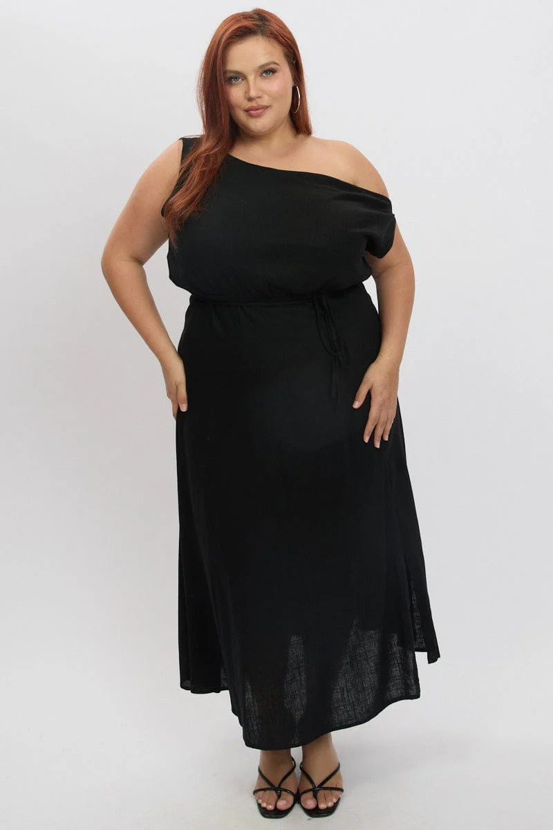 Black Midi Dress Sleeveless Asymmetrical Linen Blend - Image 3