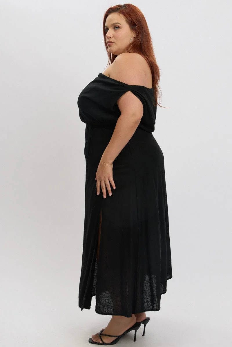 Black Midi Dress Sleeveless Asymmetrical Linen Blend - Image 4