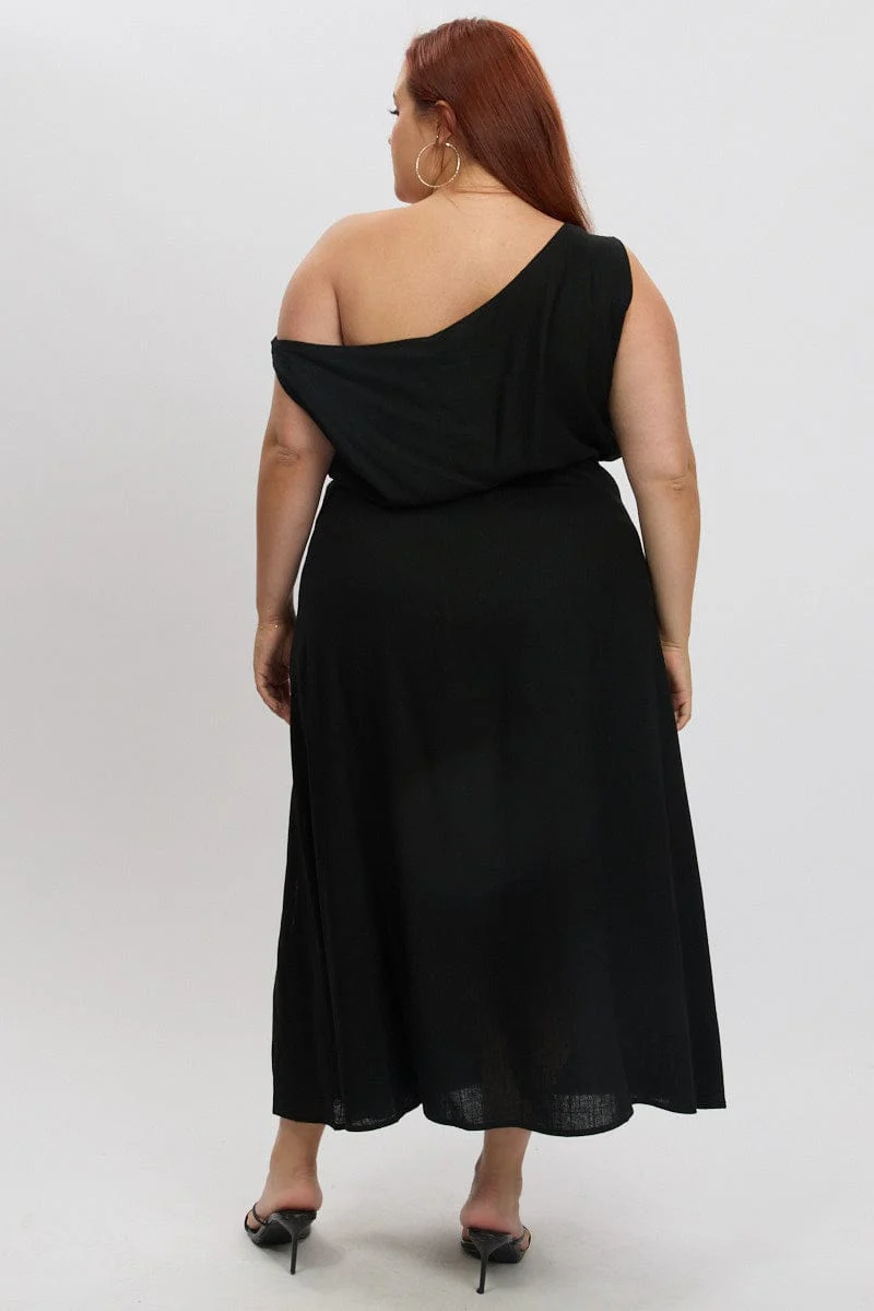 Black Midi Dress Sleeveless Asymmetrical Linen Blend - Image 5