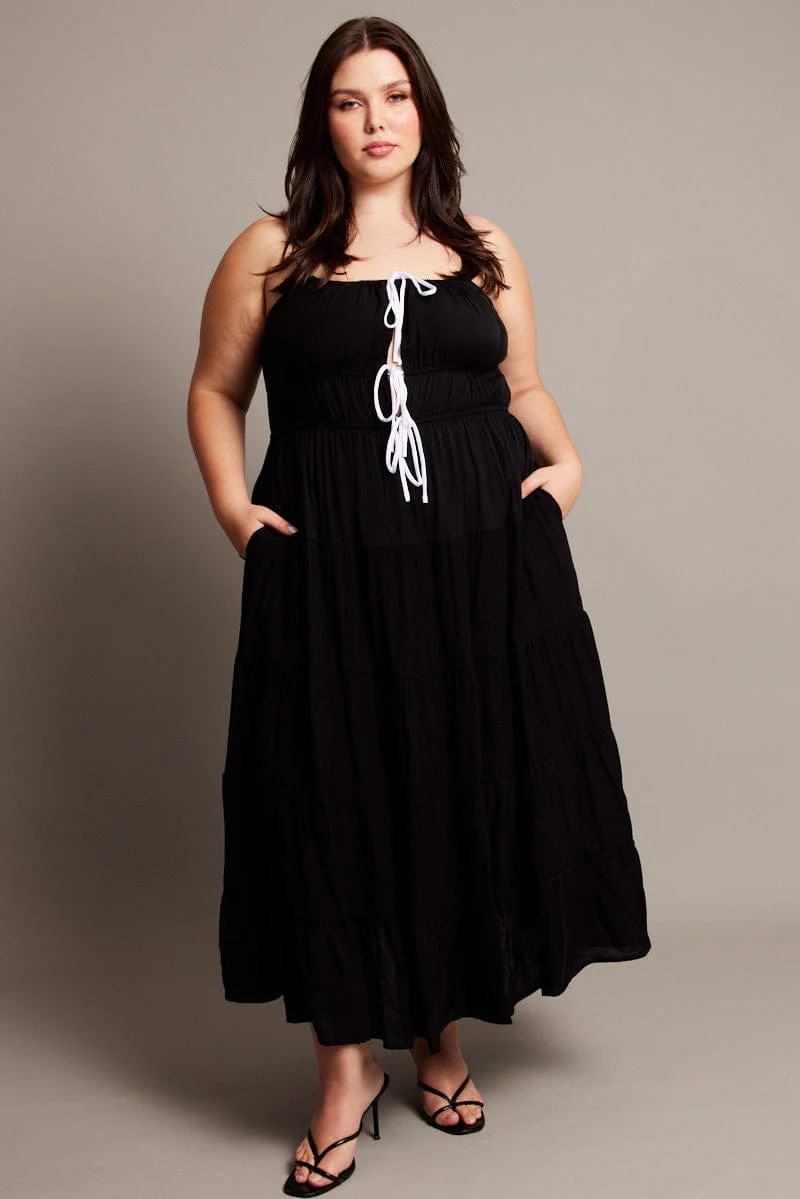 Black Midi Dress Sleeveless Contrast Ribbon - Image 3