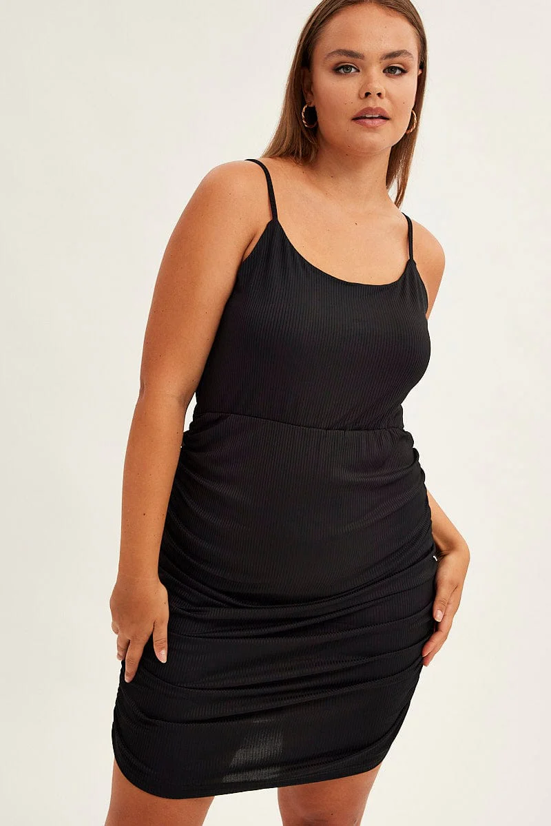 Black Midi Dress Sleeveless Drawstring Side - Image 3