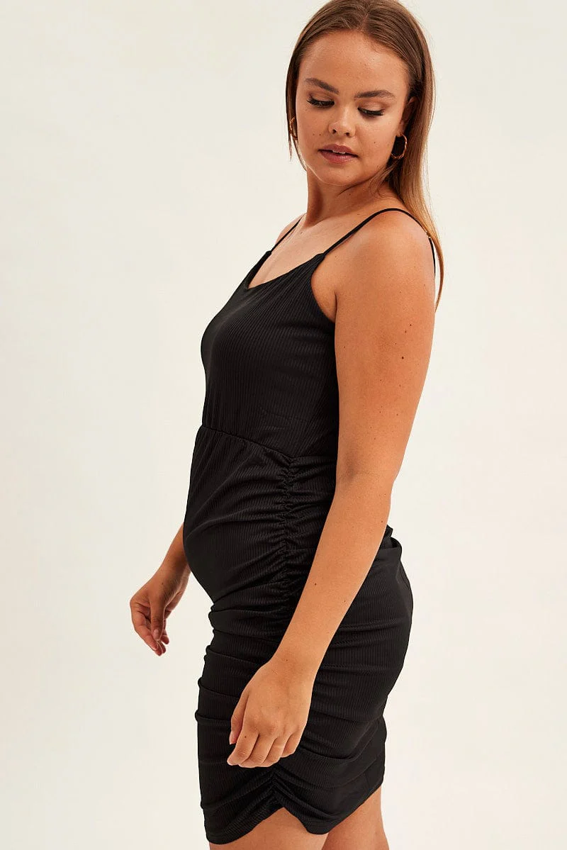 Black Midi Dress Sleeveless Drawstring Side - Image 4