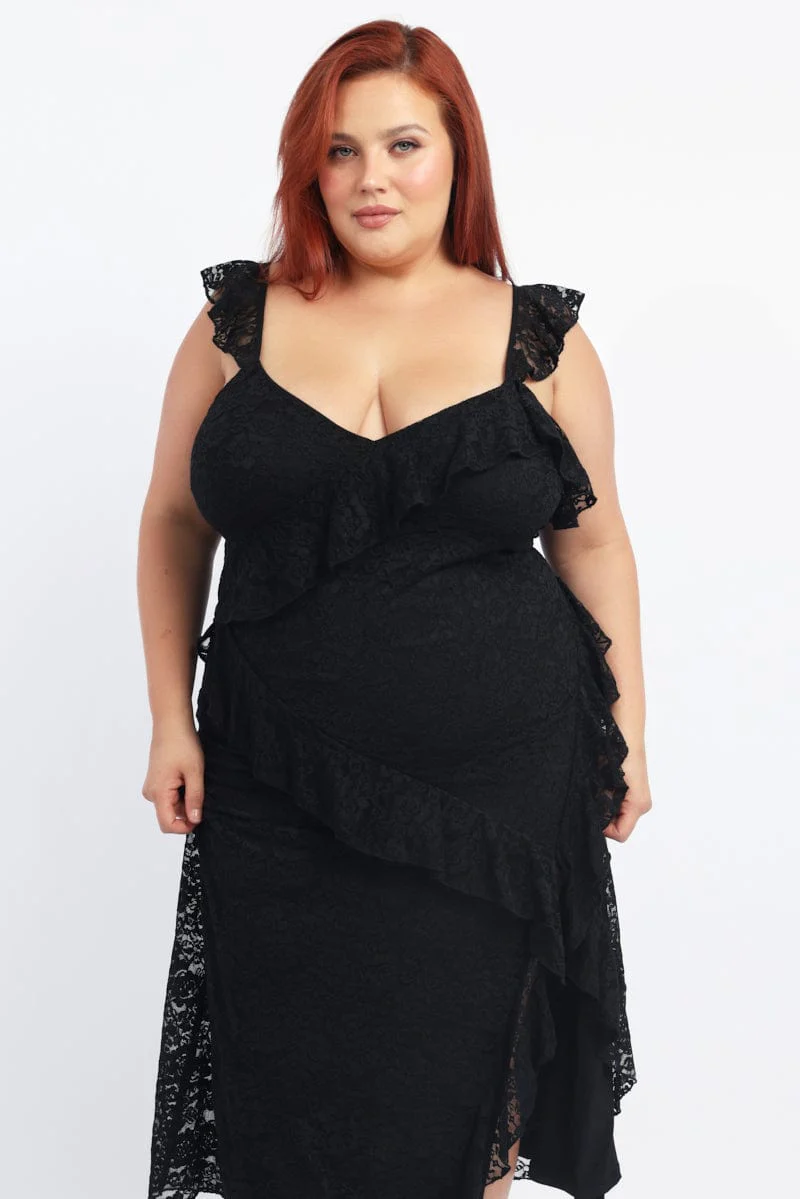 Black Midi Dress Sleeveless Lace Ruffle - Image 2