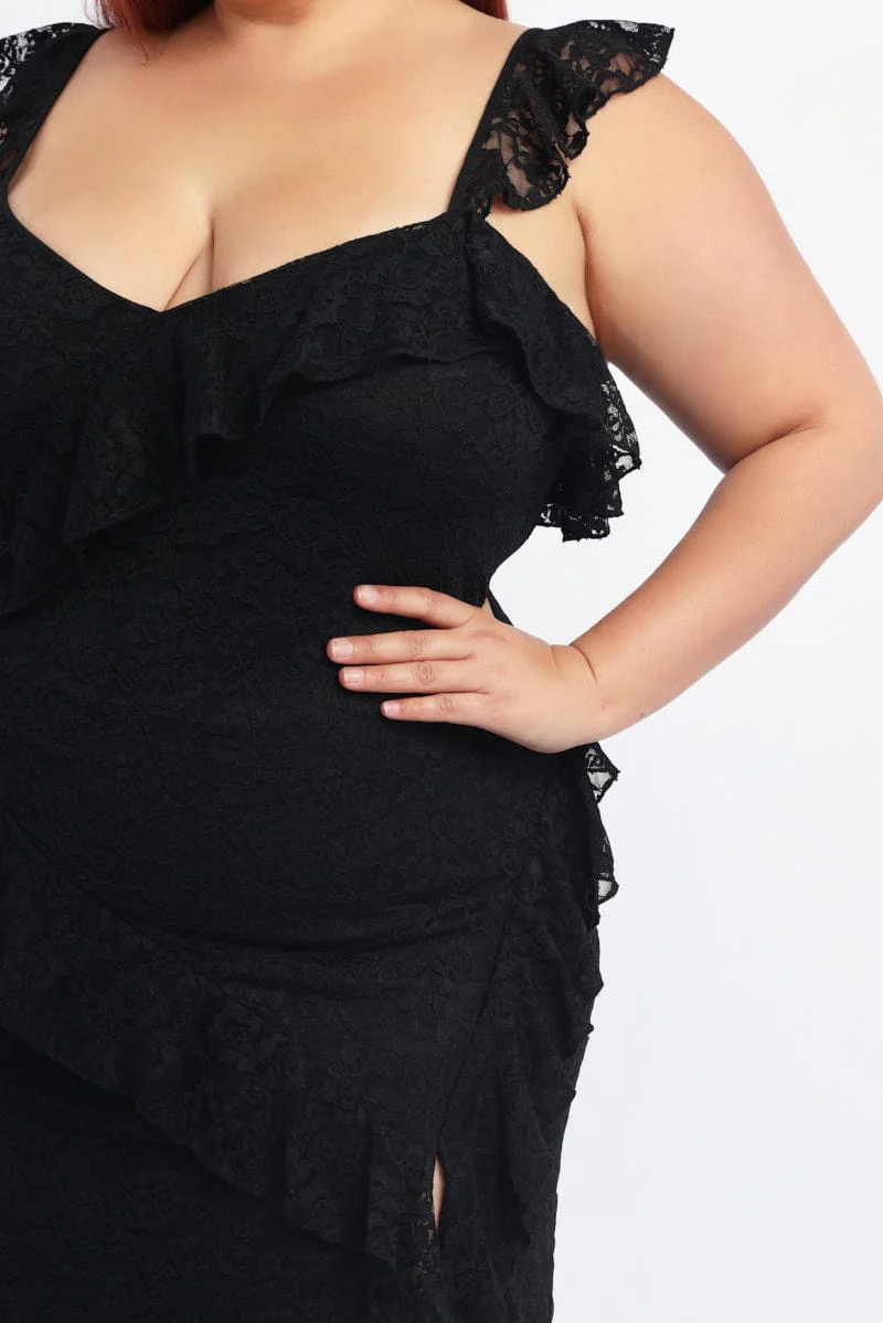 Black Midi Dress Sleeveless Lace Ruffle - Image 5