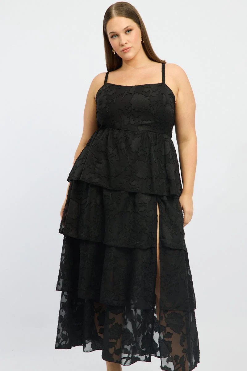 Black Midi Dress Sleeveless Tiered Jacquard - Image 2