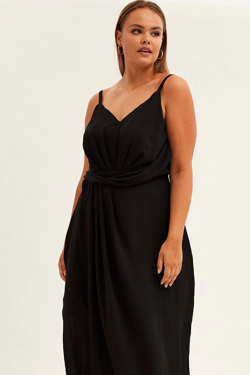 Black Midi Dress Strappy Sleeveless Chiffon Draped - Image 2