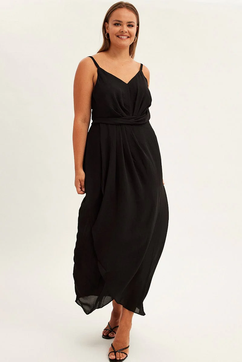 Black Midi Dress Strappy Sleeveless Chiffon Draped - Image 3