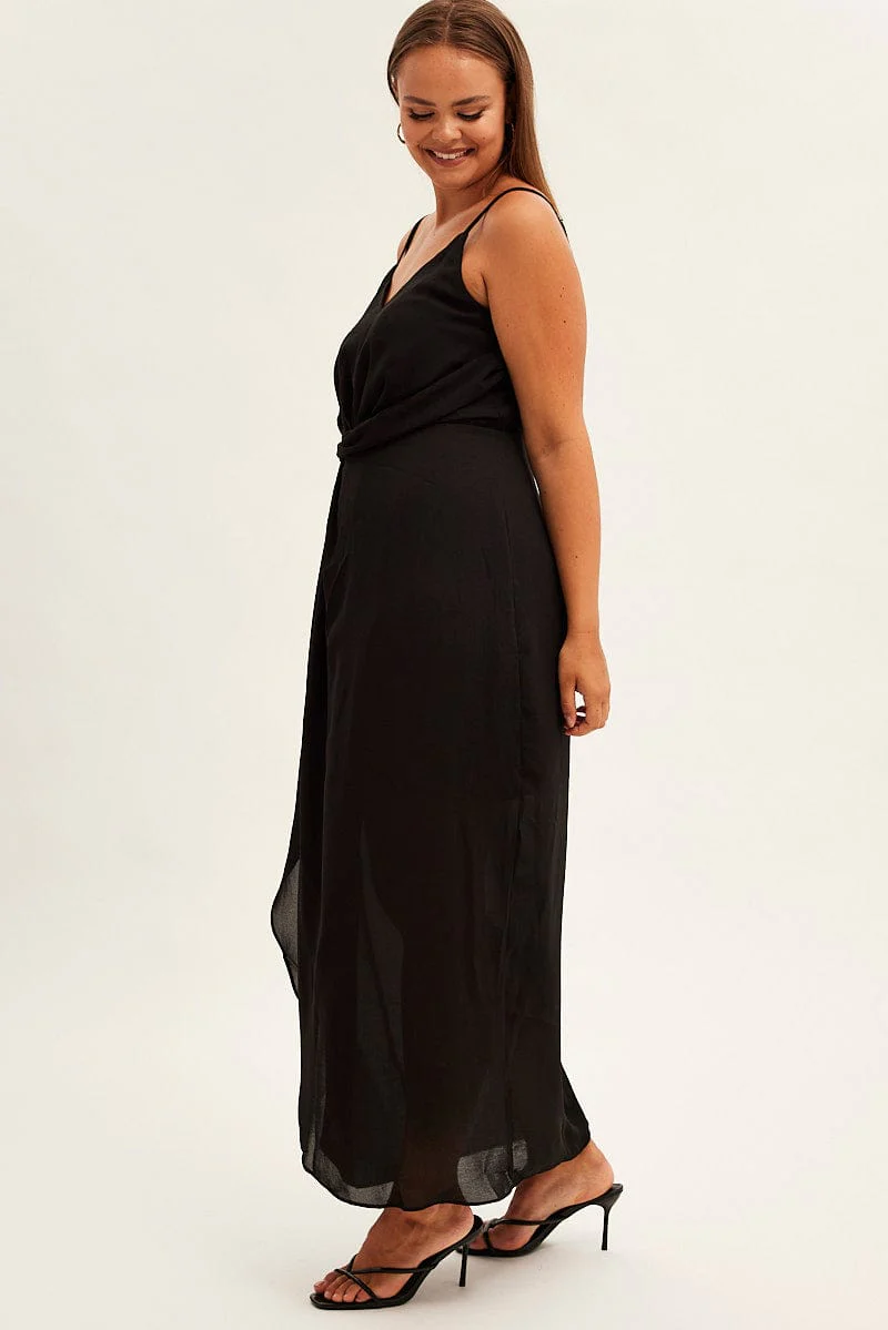 Black Midi Dress Strappy Sleeveless Chiffon Draped - Image 4