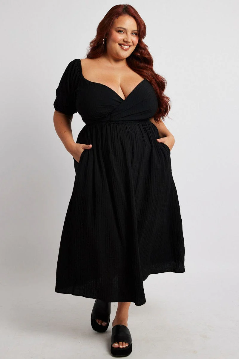Black Midi Dress Textured Wrapover Elastic Waist Detail - Image 2