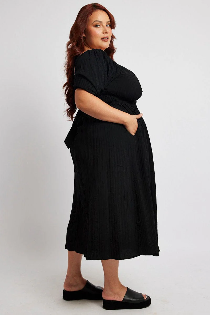 Black Midi Dress Textured Wrapover Elastic Waist Detail - Image 4