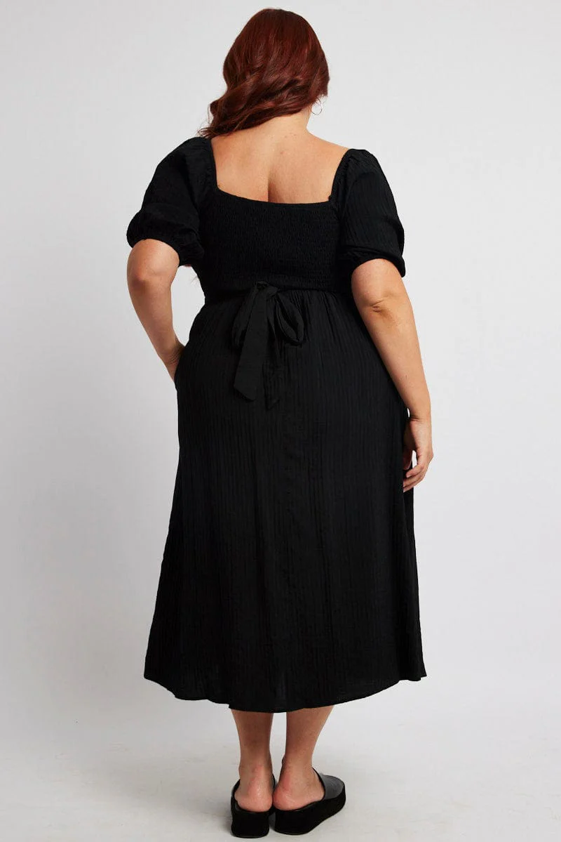 Black Midi Dress Textured Wrapover Elastic Waist Detail - Image 5