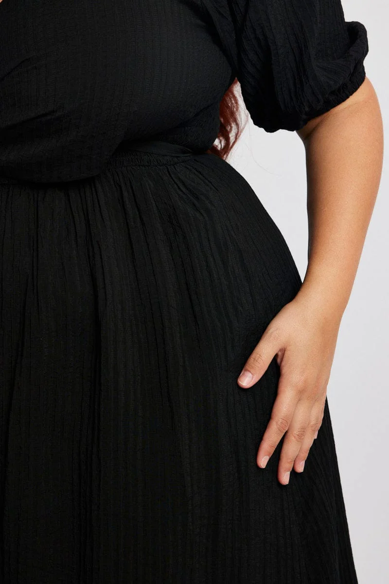 Black Midi Dress Textured Wrapover Elastic Waist Detail - Image 6