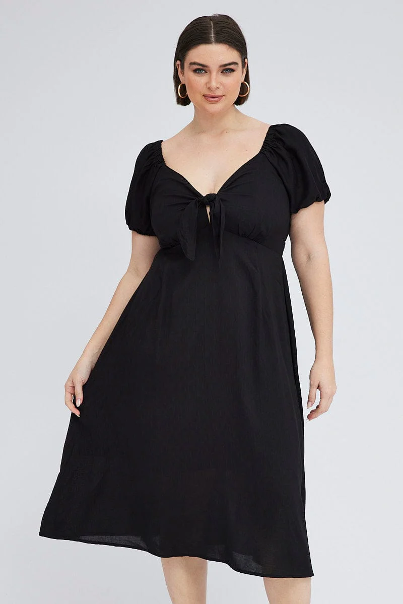 Black Midi Dress Tie Front Puff Sleeve - Image 2
