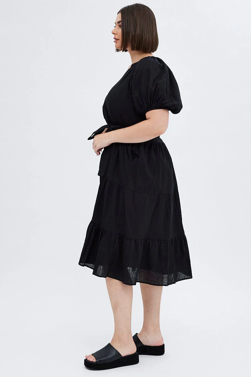Black Midi Dress Tiered Notch Collar Belted - Image 4