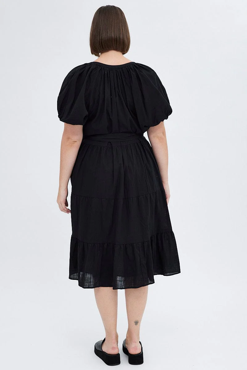 Black Midi Dress Tiered Notch Collar Belted - Image 5