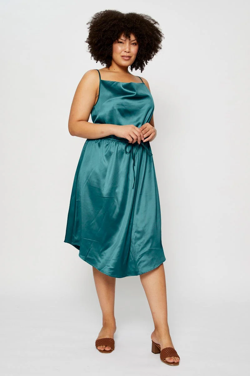 Black Midi Satin Dress Cowl Neck Sleeveless - Image 3