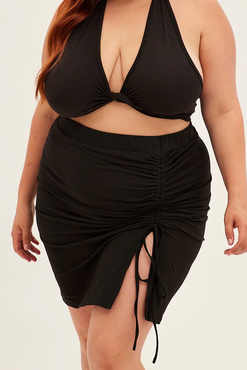 Black Midi Skirt Bodycon Drawstring Front Jersey - Image 2