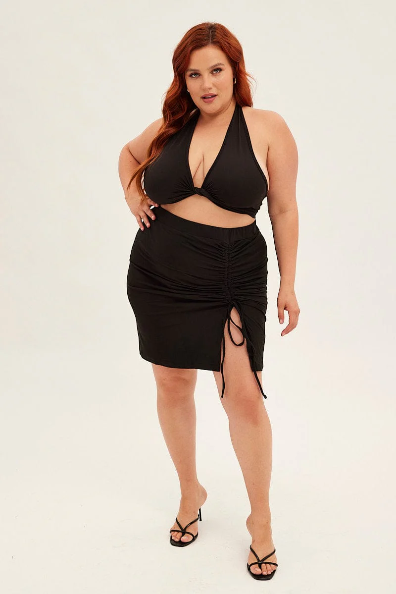 Black Midi Skirt Bodycon Drawstring Front Jersey - Image 3