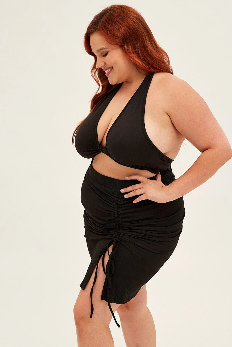 Black Midi Skirt Bodycon Drawstring Front Jersey - Image 4