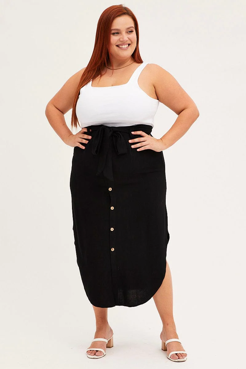 Black Midi Skirt Button Front Linen Blend - Image 3