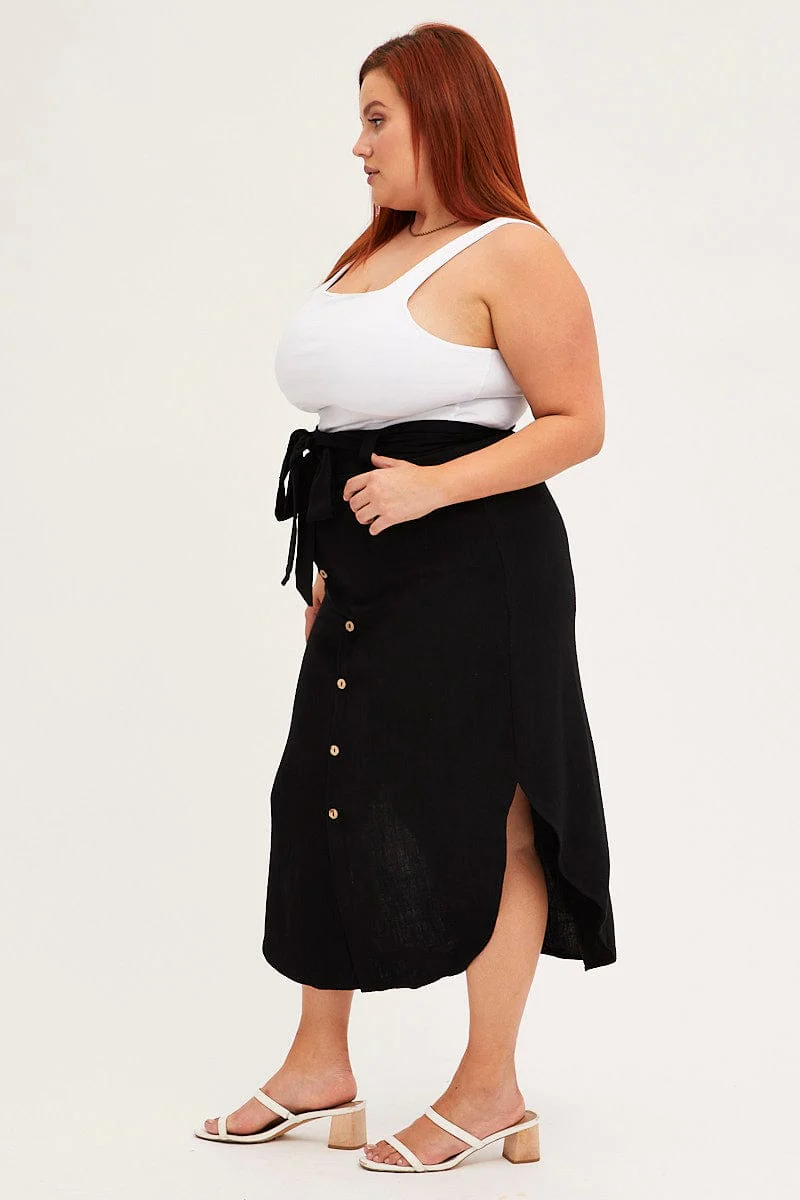 Black Midi Skirt Button Front Linen Blend - Image 4