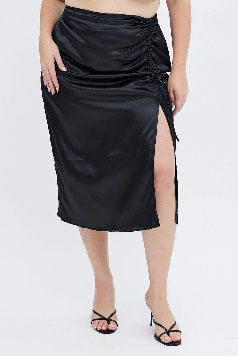 Black Midi Skirt Drawstring Satin Split - Image 2