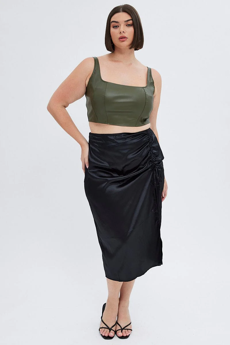 Black Midi Skirt Drawstring Satin Split - Image 3