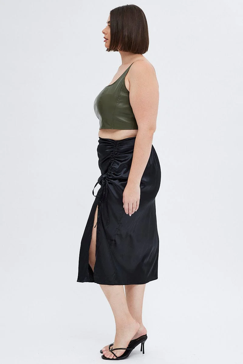 Black Midi Skirt Drawstring Satin Split - Image 4
