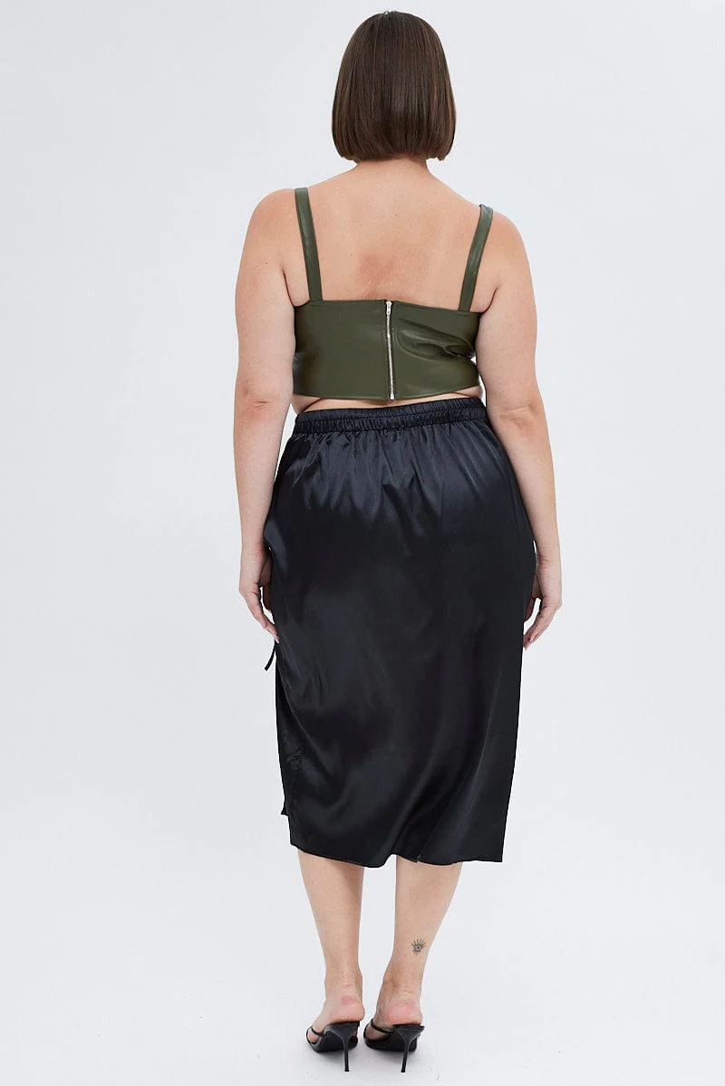 Black Midi Skirt Drawstring Satin Split - Image 5