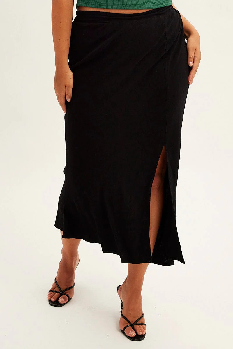 Black Midi Skirt Elastic Waist Split Side Linen Blend - Image 2