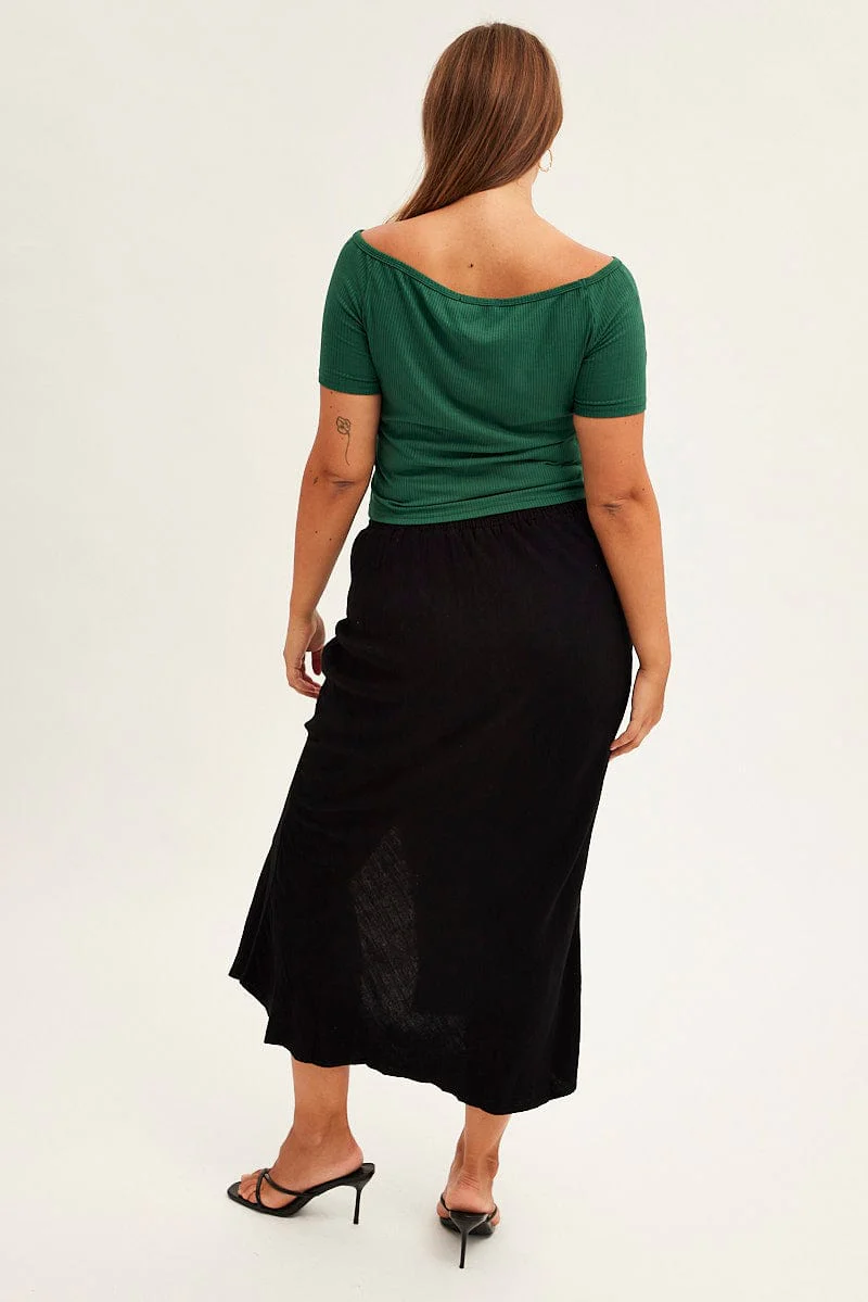 Black Midi Skirt Elastic Waist Split Side Linen Blend - Image 5