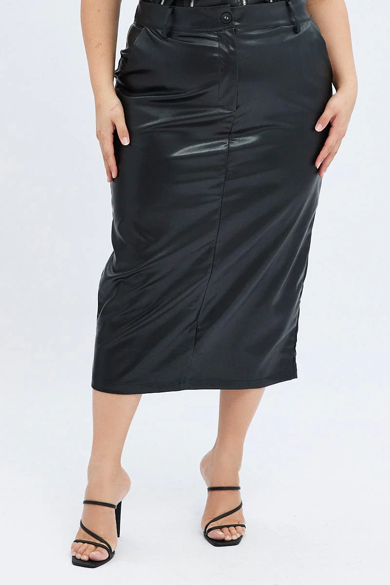 Black Midi Skirt Faux Leather Pencil High Waist - Image 3