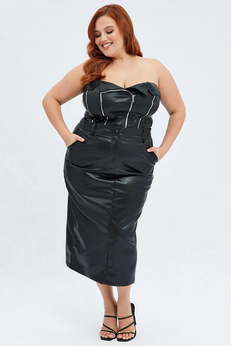 Black Midi Skirt Faux Leather Pencil High Waist - Image 4