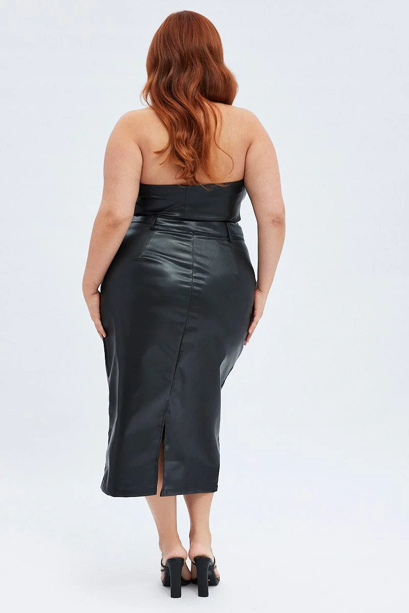 Black Midi Skirt Faux Leather Pencil High Waist - Image 5