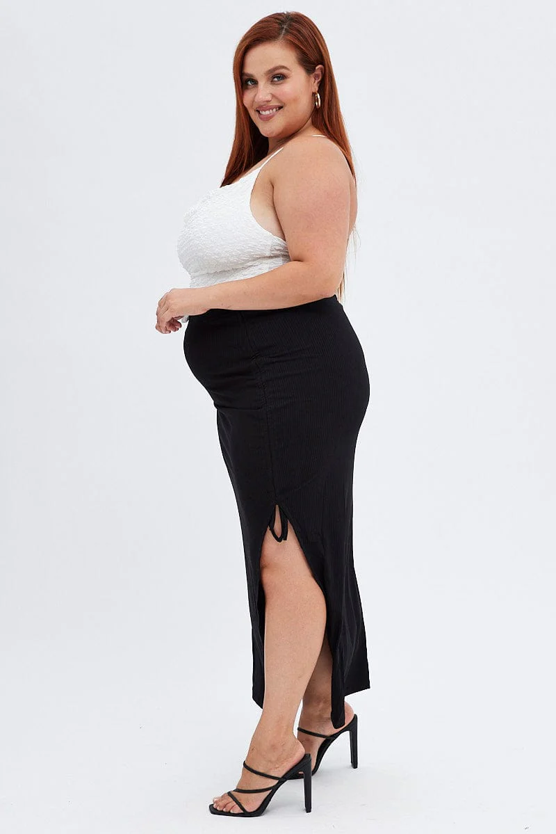 Black Midi Skirt High Waist Split Ribbed Jersey - Image 4