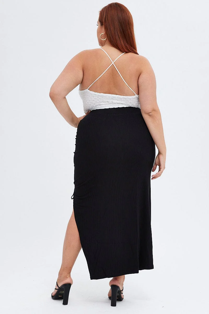 Black Midi Skirt High Waist Split Ribbed Jersey - Image 5